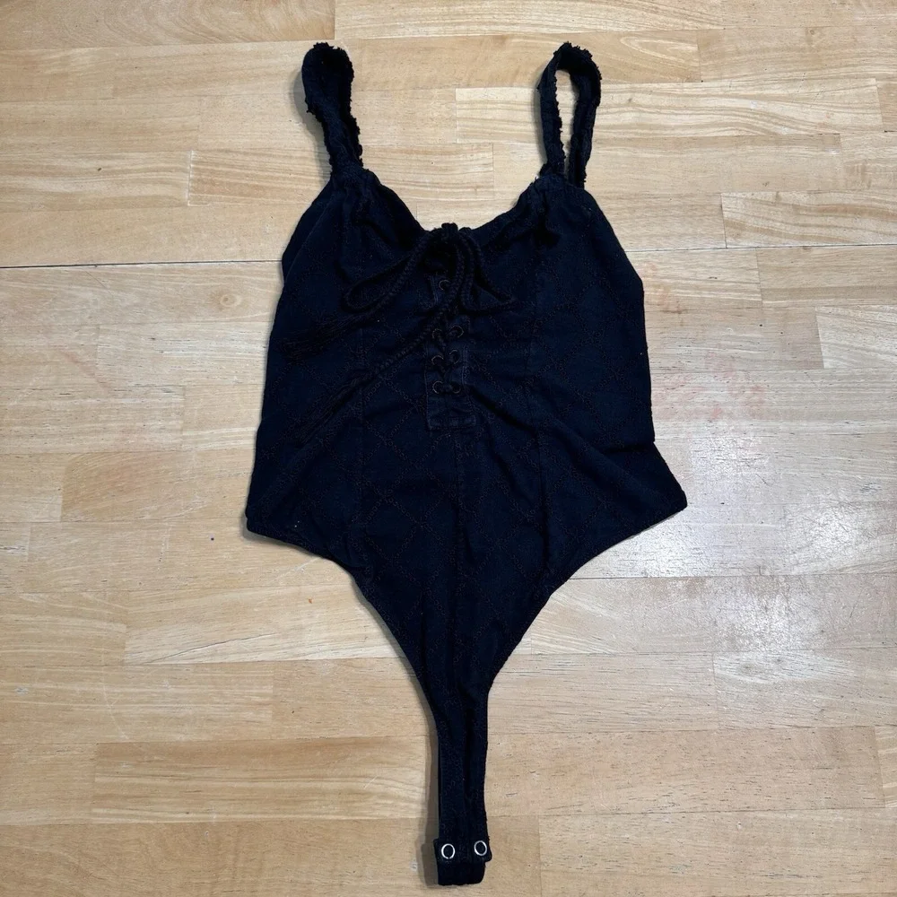 Free People Women's Make Me Up Bodysuit Eyelet Black Sleeveless BOHO Size XS